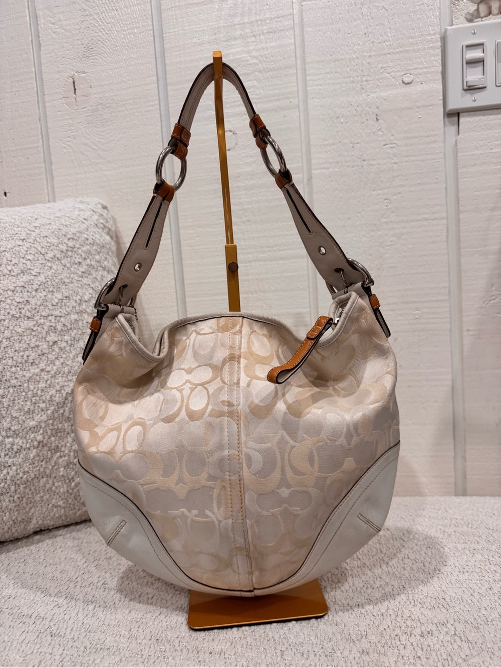 Coach Beige Signature Canvas Hobo with Cream Leather Trim